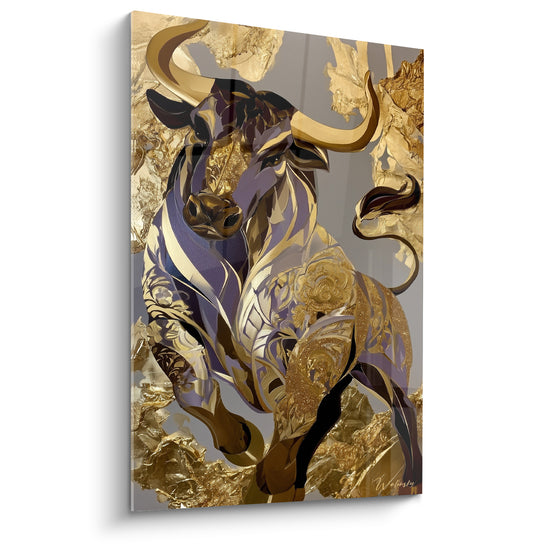 Tableau Taureau doré aux motifs floraux ornementaux - Charge royale - Edition Taureau