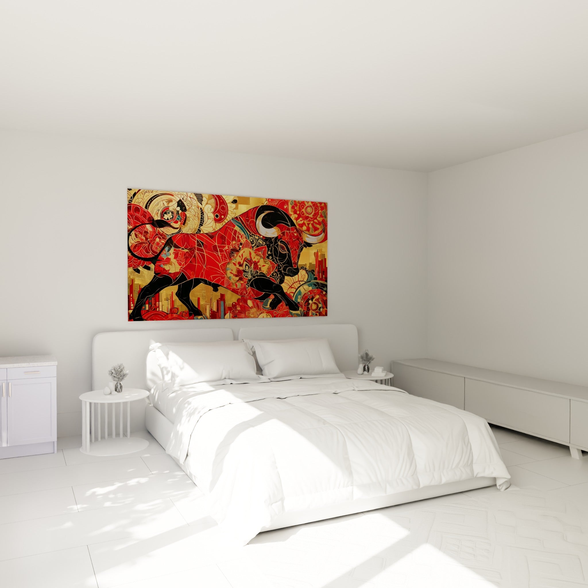 Silhouette de taureau rouge et or aux cornes noires, au-dessus d'un lit dans une chambre claire