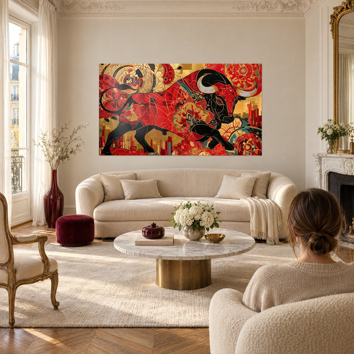 Schilderij van een zwarte en rode stier met spiraalvormige staart, gouden bloemmotieven, boven een bank in een lichte woonkamer