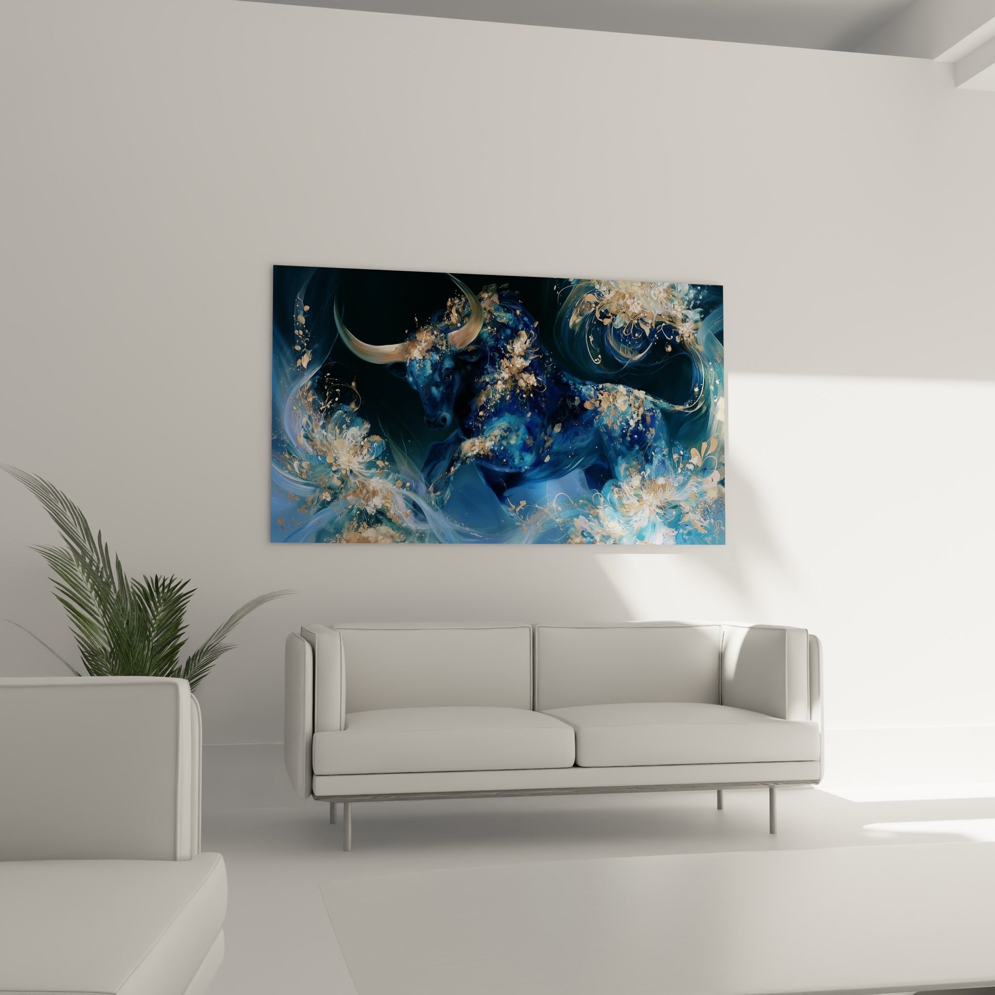 Taureau bleu pastel enlacé de motifs floraux dorés, au-dessus d'un canapé dans un salon lumineux