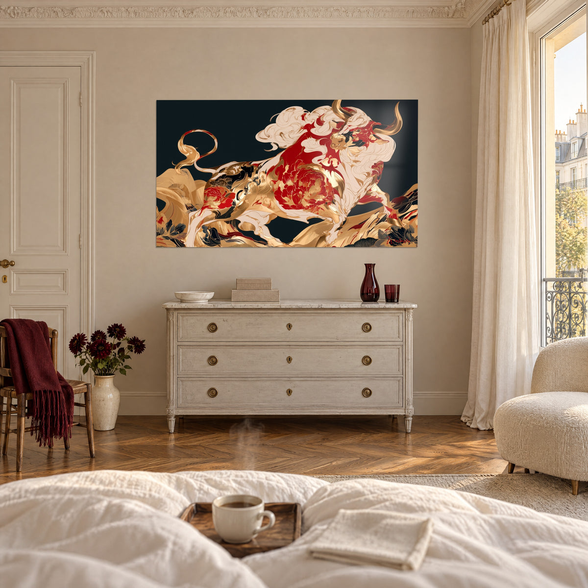 Wall art fiery buffalo with golden swirls, scarlet peonies and cream fur on a dark background, above a bed in a light bedroom