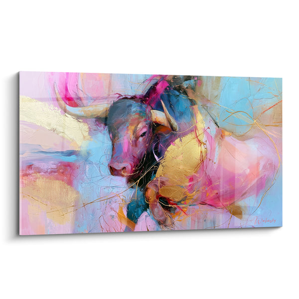 Tableau Taureau aux cornes dorées et rose poudré - Rêverie flamboyante - Edition Taureau