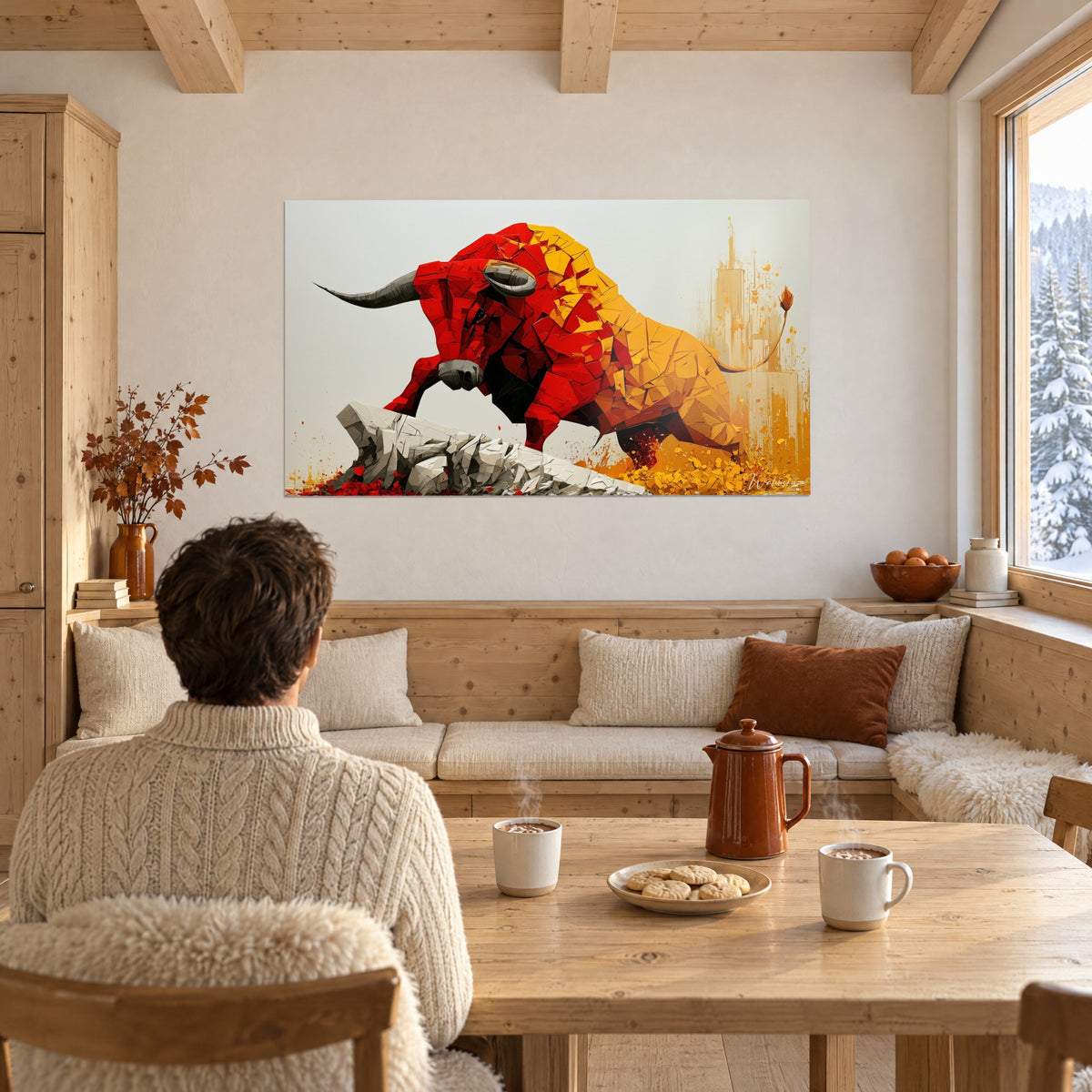 Gemälde Mosaik eines scharlachroten und goldenen Stiers, angedeuteter Wolkenkratzer im Hintergrund, gegenüber einem Holztisch mit zwei dampfenden Tassen