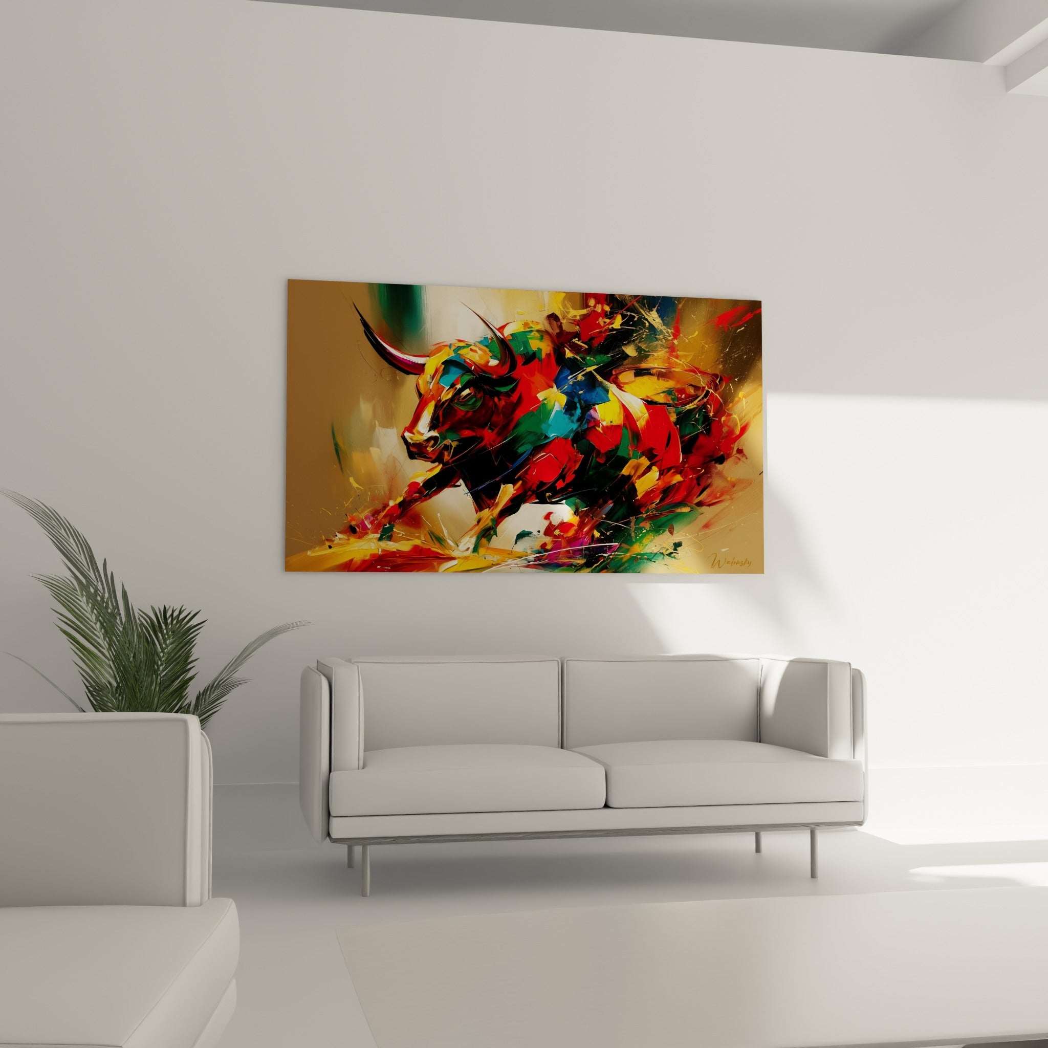 Silhouette bondissante du taureau doré et turquoise, disposée au-dessus d'un canapé dans un salon lumineux