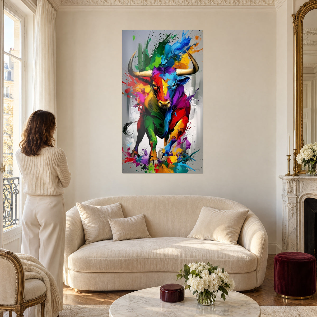 Quadro di un toro multicolore dalle corna dorate, manto verde, rosso e blu, schizzi su grigio, sopra un divano in un soggiorno luminoso