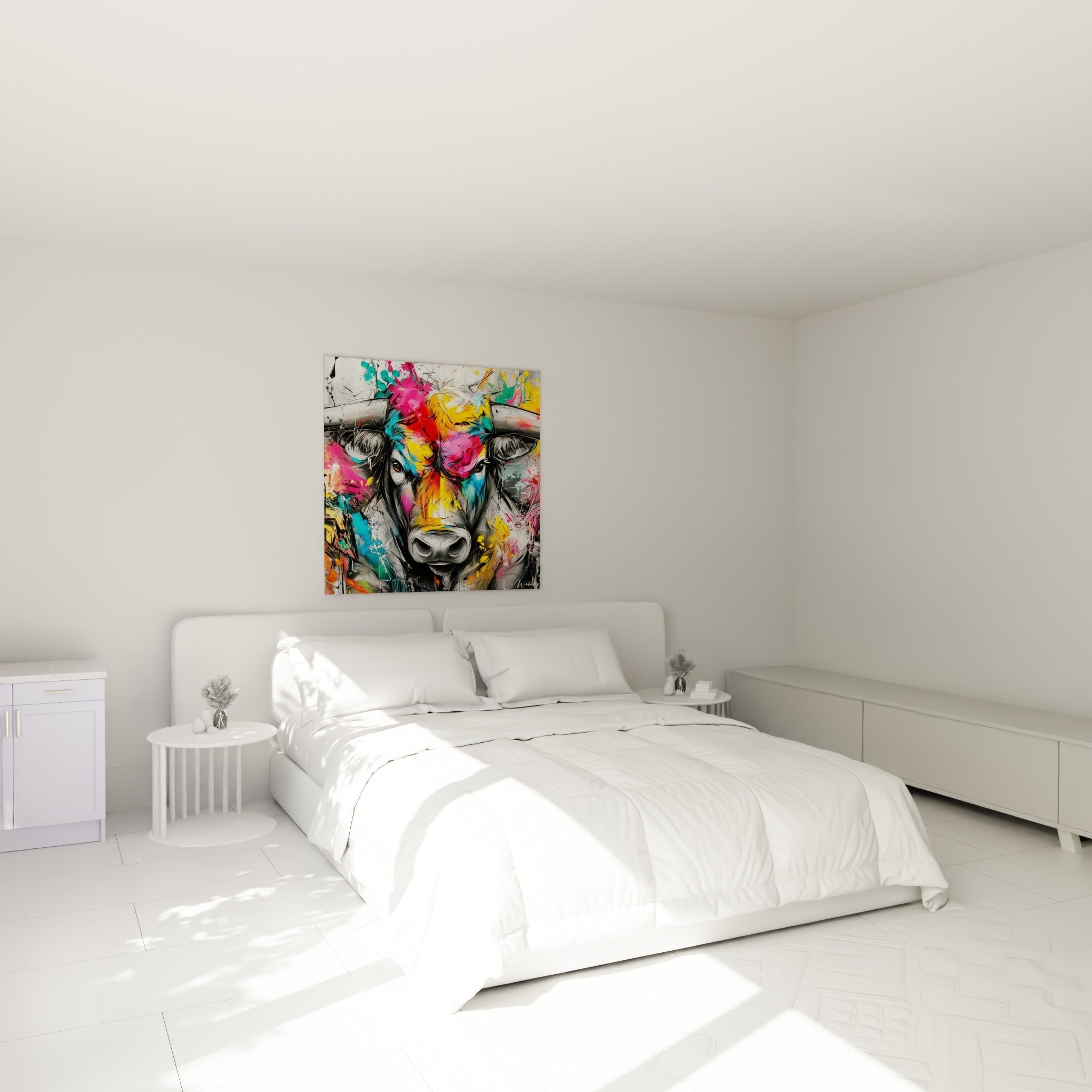 Museau gris et couleurs vives d'un taureau peint au-dessus d'un lit dans une chambre claire