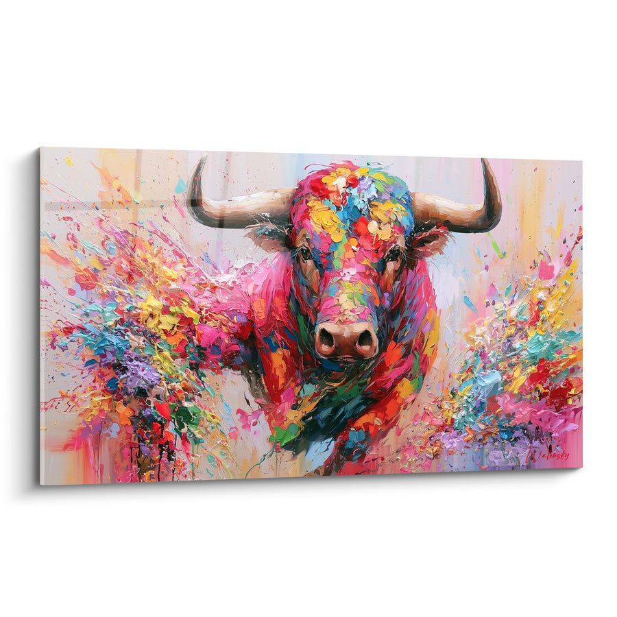 Tableau Taureau multicolore aux cornes ivoire fond pastel - Naseau rose vif - Edition Taureau