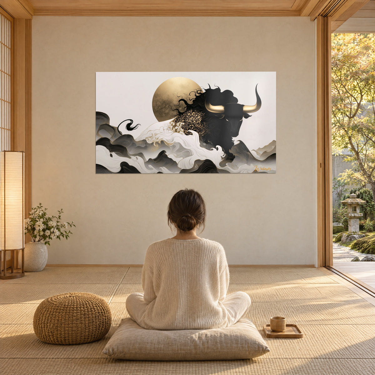 Schilderij gehoornd dier van ebbenhout met gouden reflecties, witte schuimkam en grijze tinten, vrouw van achteren zittend in meditatie op een kussen