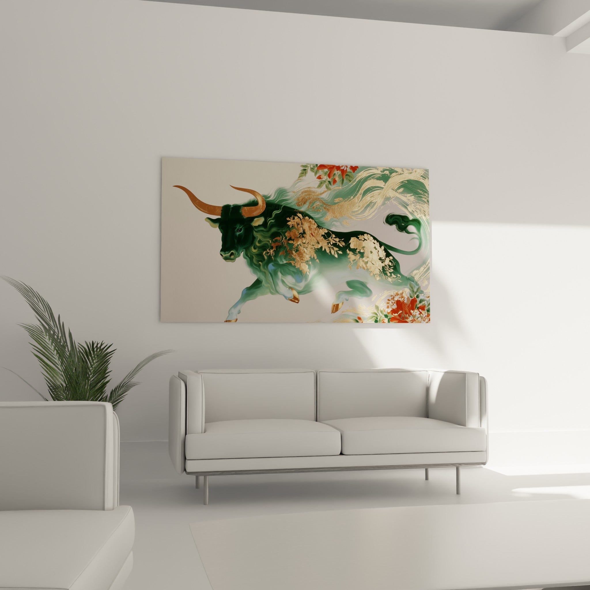 Élan du taureau vert et or déployé au-dessus d'un canapé dans un salon lumineux