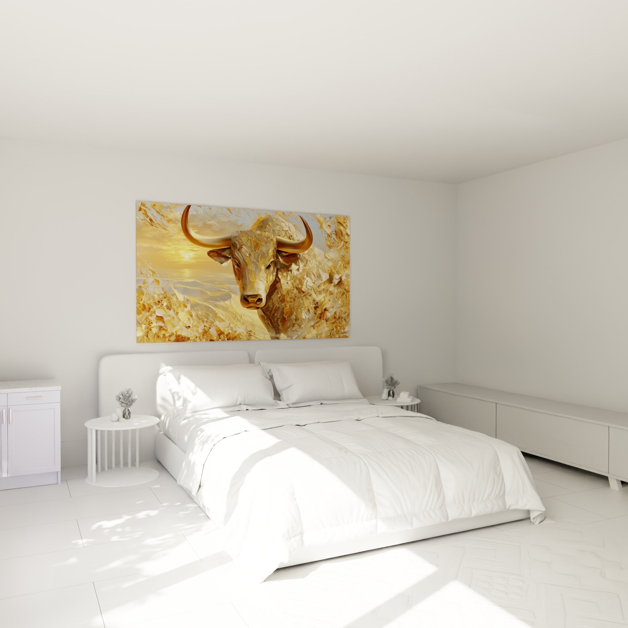 Puissance dorée du taureau texturé, regard sombre et ocre intense, au-dessus d'un lit dans une chambre claire