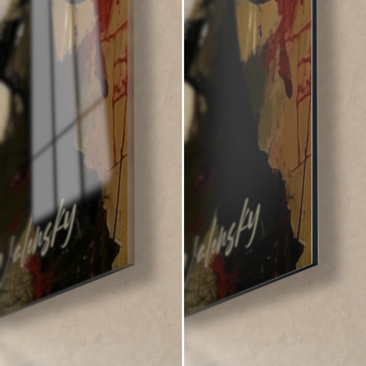 Cuadro de un toro negro y rojo, esquina inferior derecha: cristal acrílico brillante con reflejos a la izquierda, aluminio Dibond mate a la derecha, canto de 3 mm