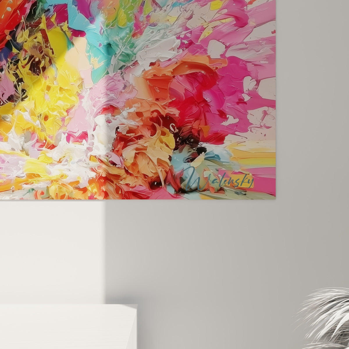 Empâtements épais roses, jaunes et turquoise du museau, coulures de peinture visibles en gros plan sur la toile