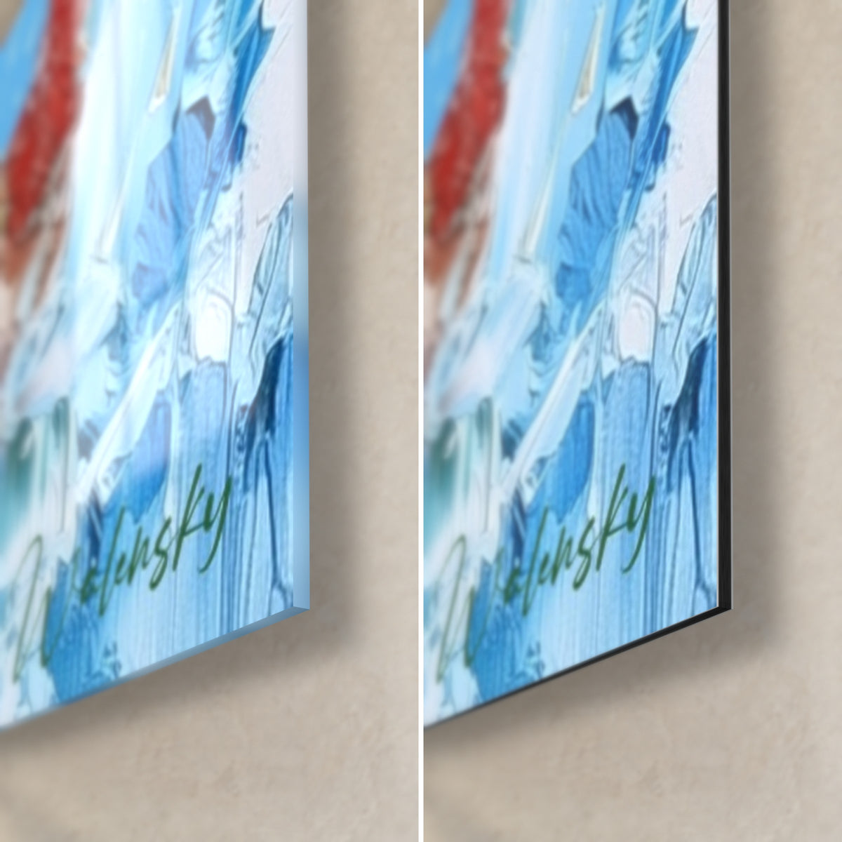 Quadro con pennellate blu e bianche a spatola firmato Walensky, angolo in basso a destra in vetro lucido e Dibond opaco, spessore del bordo 3 mm