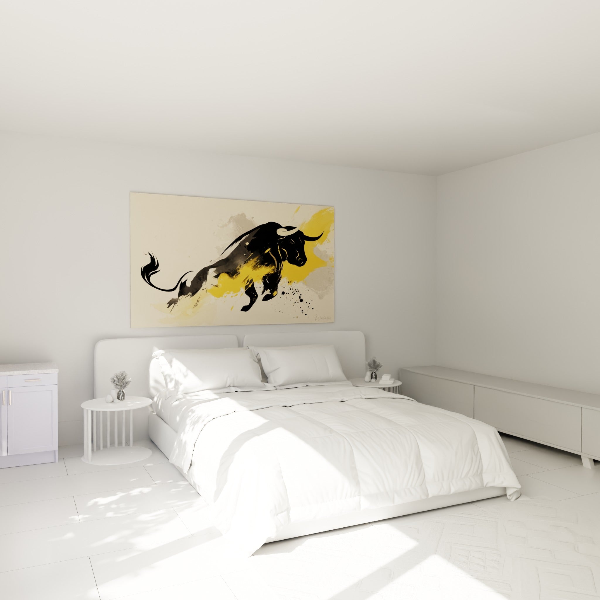 Silhouette de taureau noir et doré au-dessus d'un lit dans une chambre claire et épurée