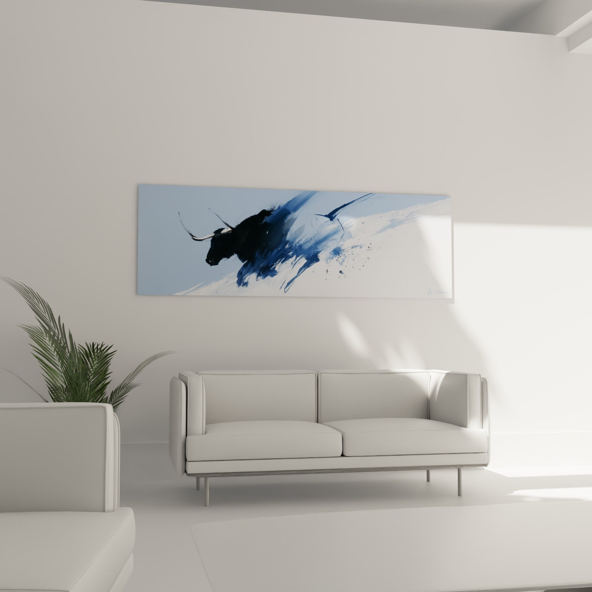 Taureau esquissé en noir profond et bleu pastel disposé au-dessus d'un canapé dans un salon lumineux