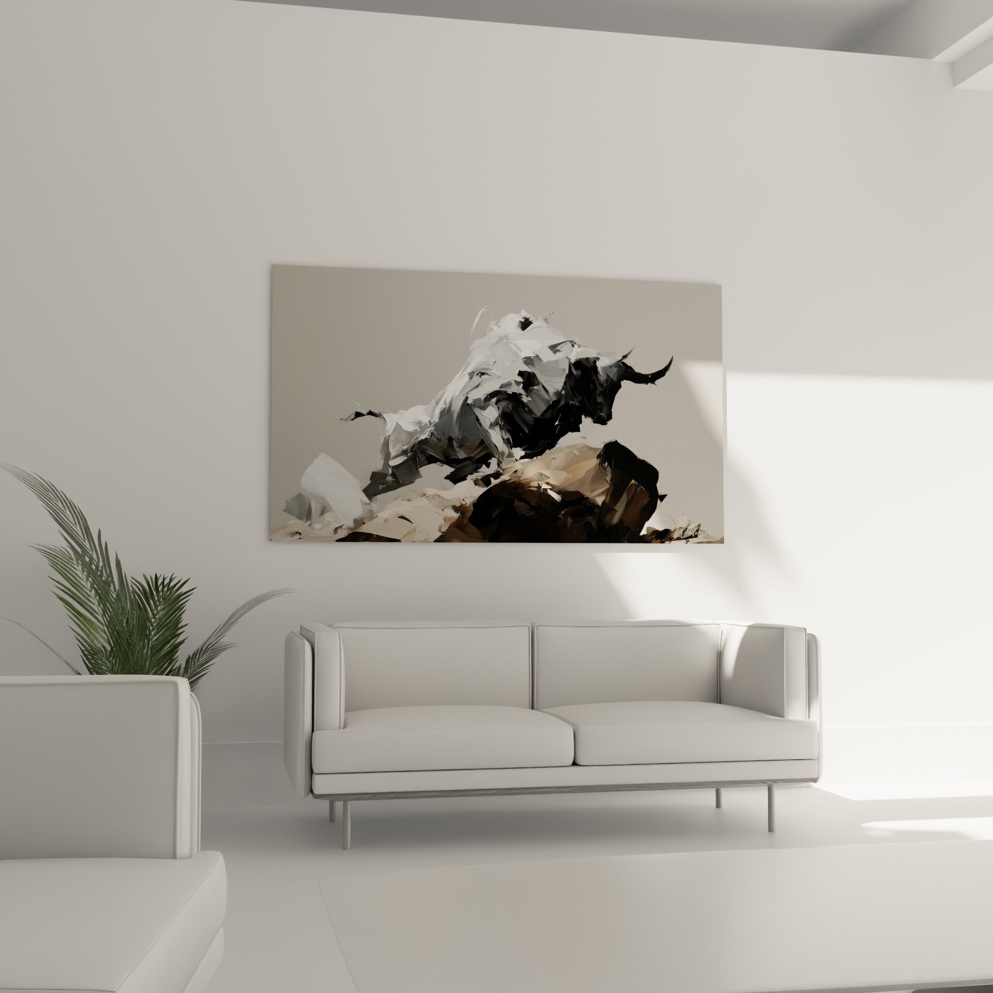 Silhouette puissante en noir et blanc dévalant une roche ocre, au-dessus d'un canapé dans un salon lumineux