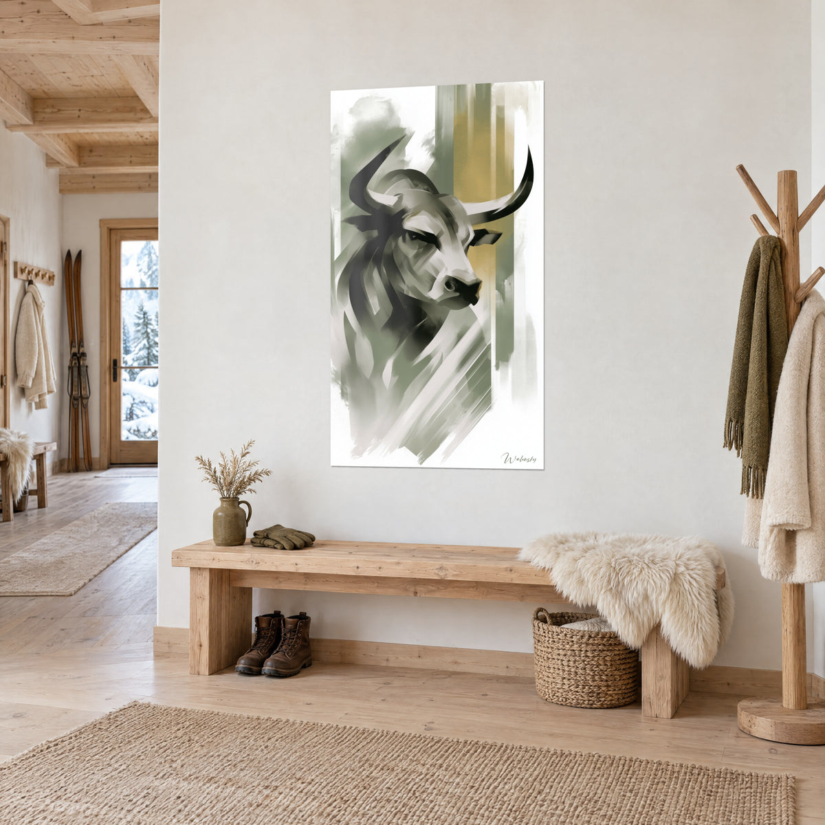 Wall art of a massive bovine in pearl grey and black brushstrokes, mustard band, hung near a wooden bench in a chalet