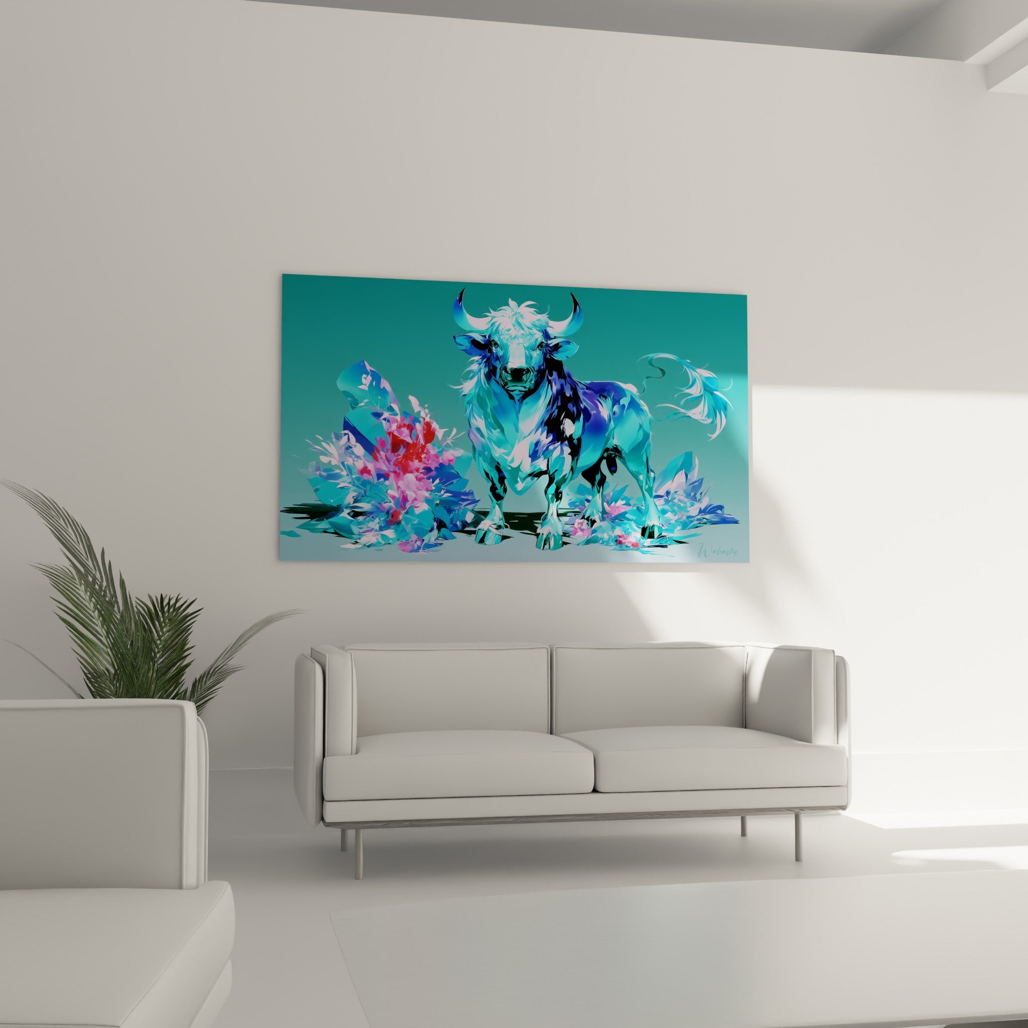 Silhouette massive du taureau bleu et rose, éclats cristallins aux pattes, au-dessus d'un canapé dans un salon lumineux