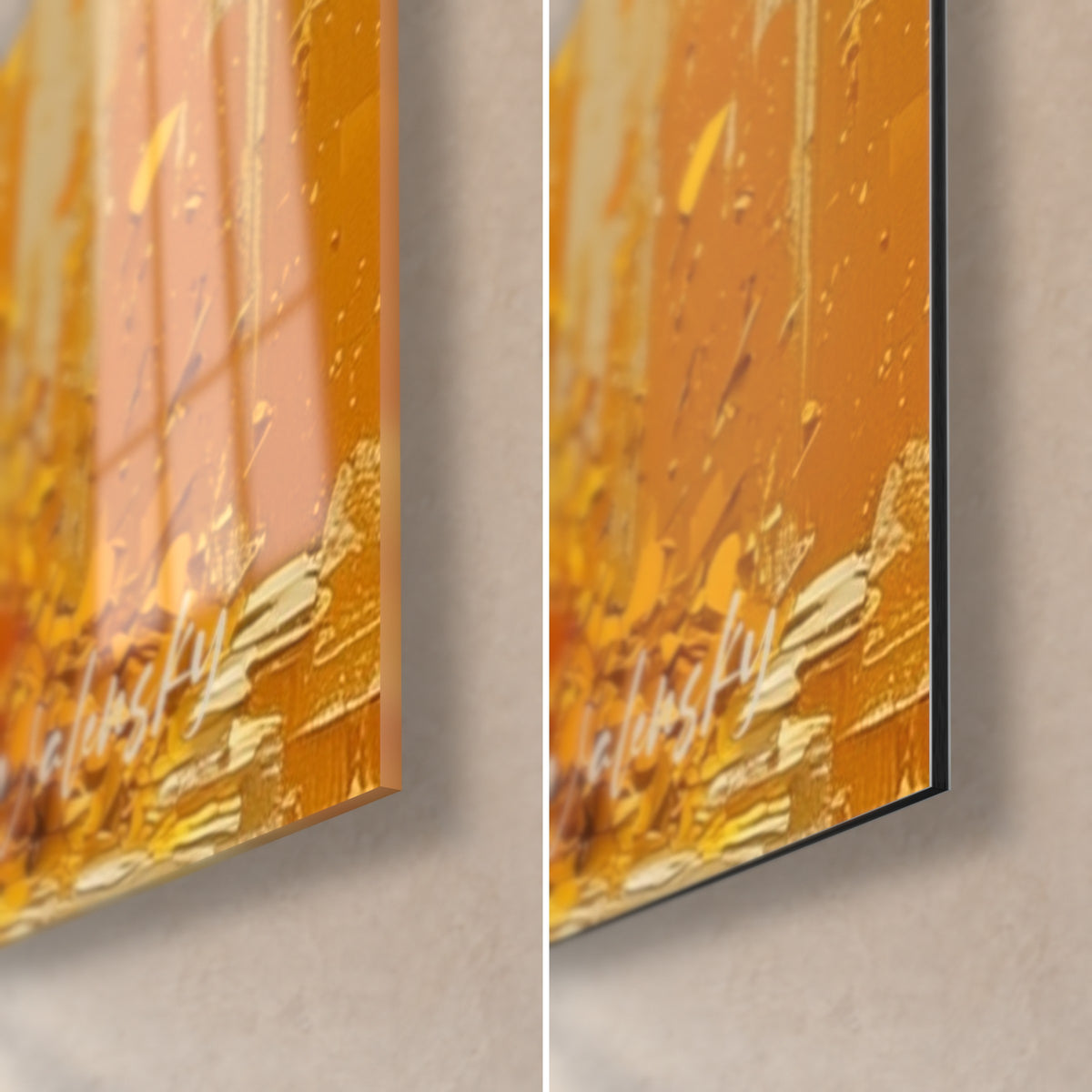 Quadro volpe poligonale in arancio e oro, vetro acrilico lucido a sinistra, Dibond nero opaco a destra, spessore di 3 mm visibile