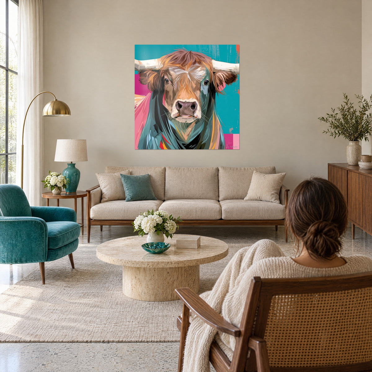 Gemälde Stier mit rosa Schnauze und elfenbeinfarbenen Hörnern auf türkisfarbenem Hintergrund, Frau von hinten, über einem Sofa in einem hellen Wohnzimmer