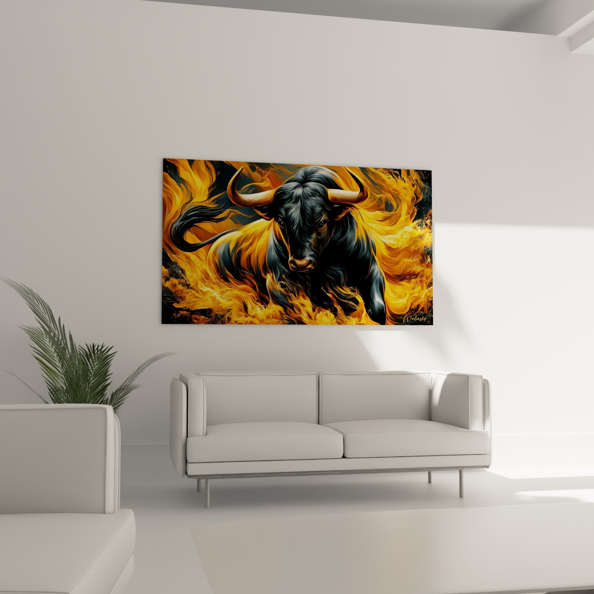Regard intense du taureau entouré d'orange et de noir au-dessus d'un canapé dans un salon lumineux