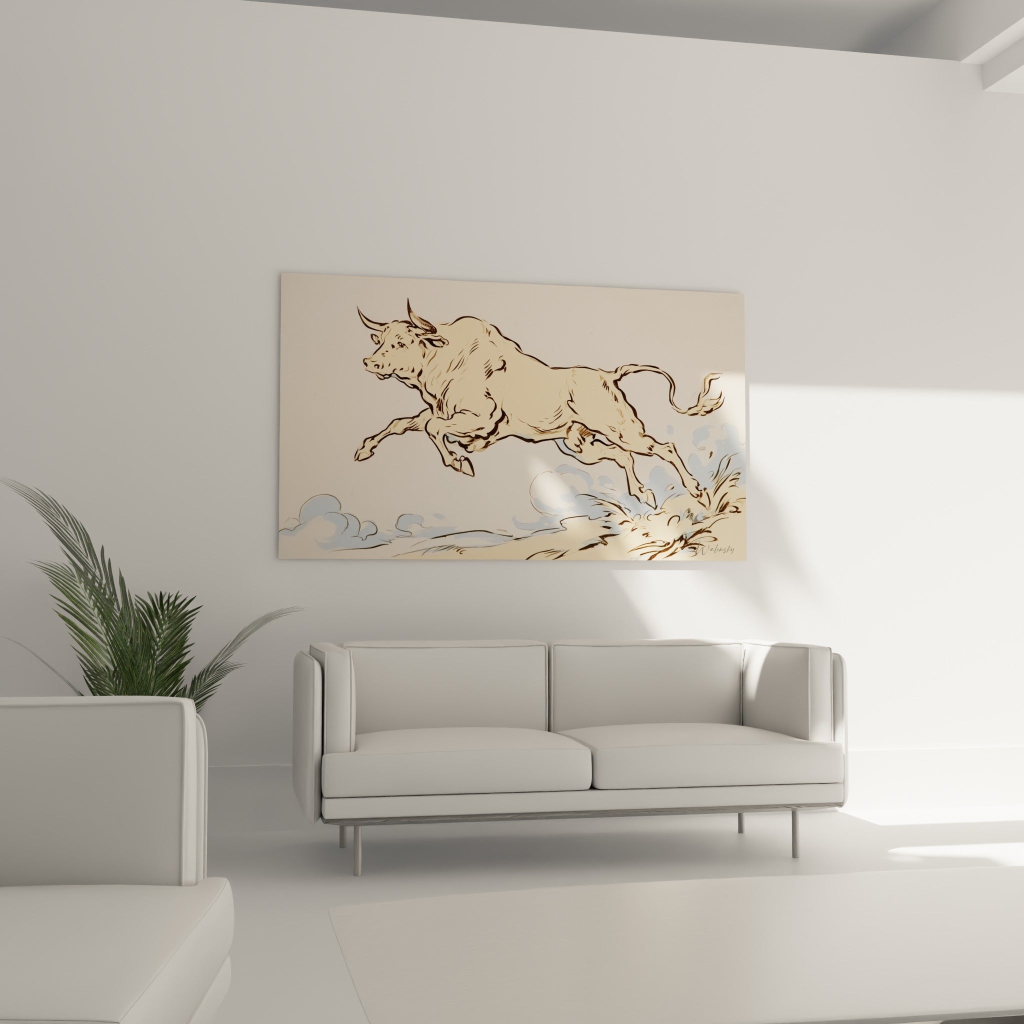Bête cornue beige suspendue dans un bond, touches de bleu pastel, au-dessus d'un canapé dans un salon lumineux