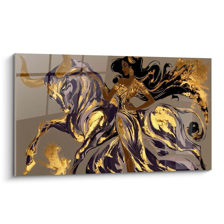Tableau Taureau et femme mauve et doré à la robe fluide - Chevelure noire dénouée - Edition Taureau