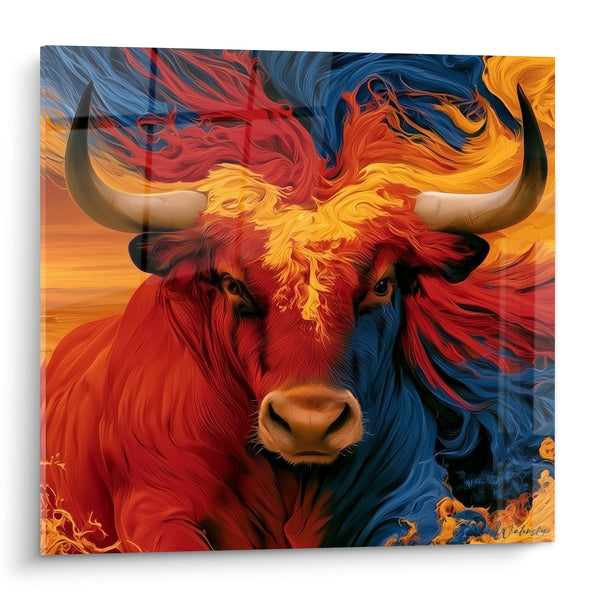 Tableau Taureau aux flammes rouges et bleues - Duel des éléments - Edition Taureau