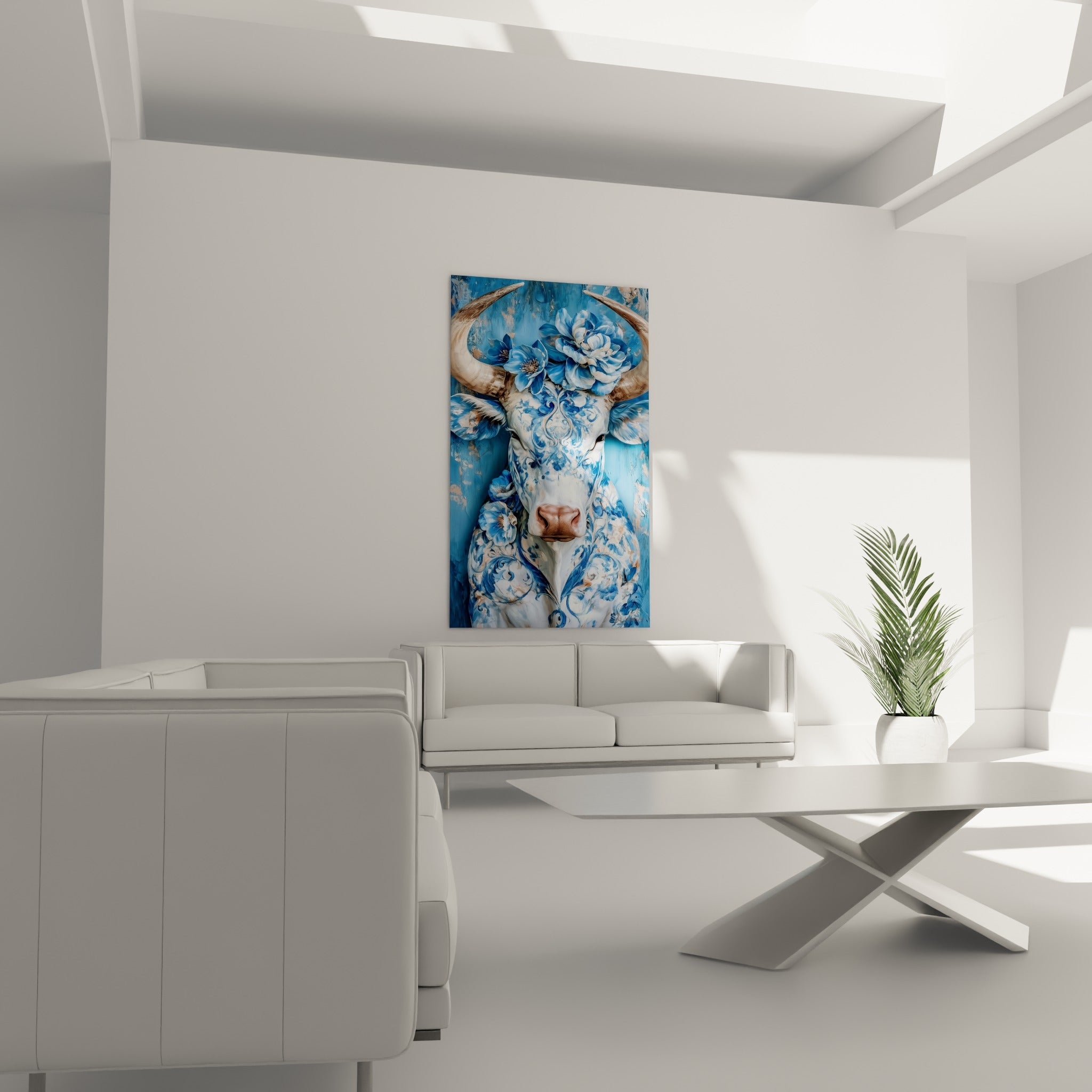Taureau aux cornes ivoire et arabesques bleu marine au-dessus d'un canapé dans un salon lumineux