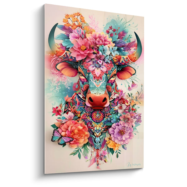 Tableau Taureau fleuri aux tons roses et turquoise - Éveil floral - Edition Taureau