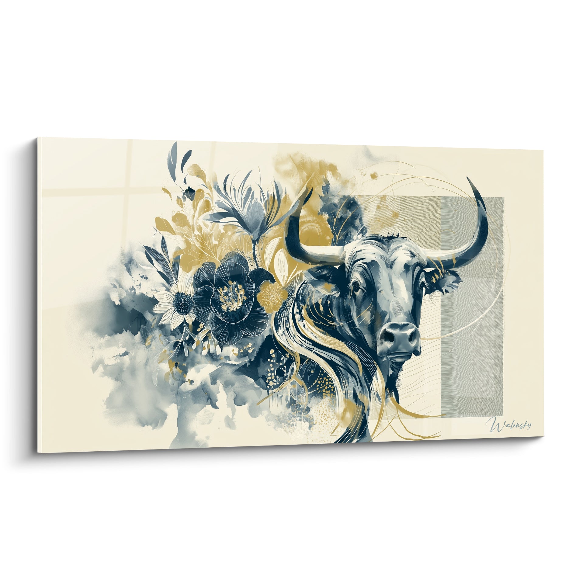 Taureau bleu marine et doré entouré d'un bouquet floral peint sur fond ivoire
