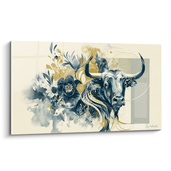 Taureau bleu marine et doré entouré d'un bouquet floral peint sur fond ivoire