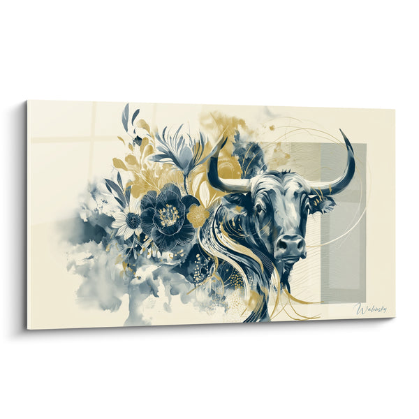 Tableau Taureau florale bleu marine et doré - Force en fleurs - Edition Taureau