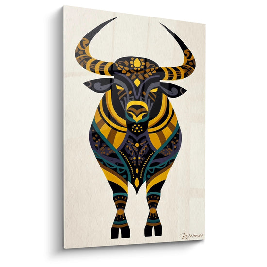 Quadro murale Walensky toro arte tribale stilizzata in giallo nero e blu per decorazione parete