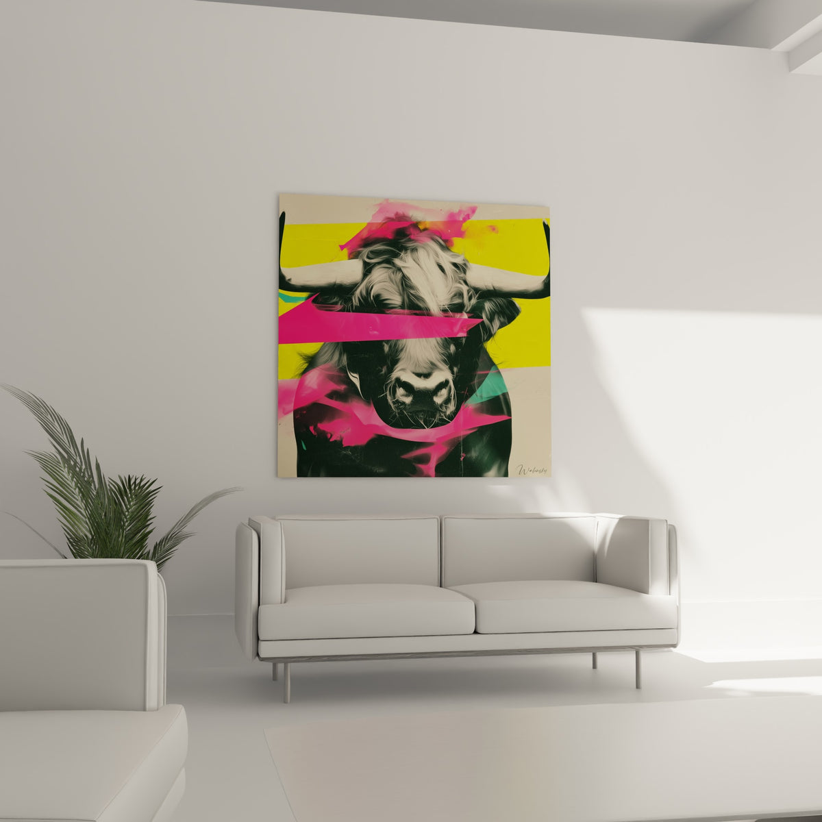 Fourrure texturée du taureau noir zébrée de rose et de jaune, au-dessus d'un canapé dans un salon lumineux