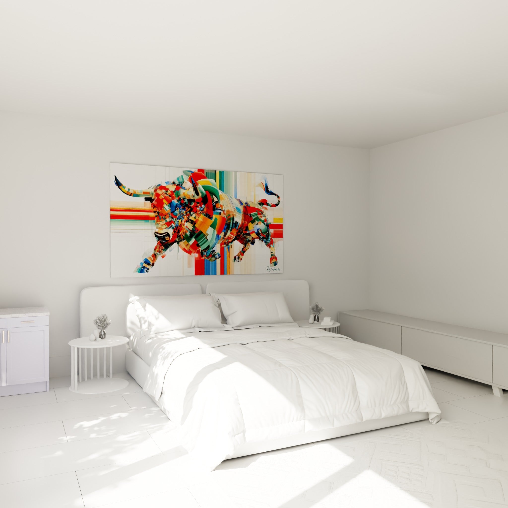 Silhouette du taureau fragmenté en rouge et bleu marine, accrochée au-dessus d'un lit dans une chambre claire