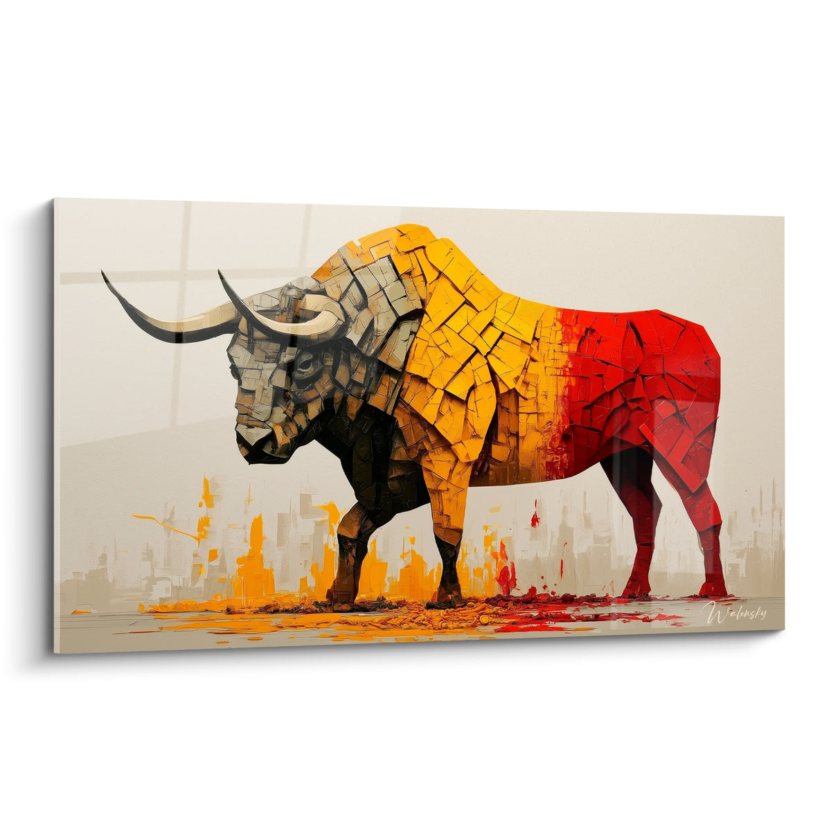 Taureau fragmenté en jaune moutarde et rouge écarlate, tête anthracite, cornes recourbées