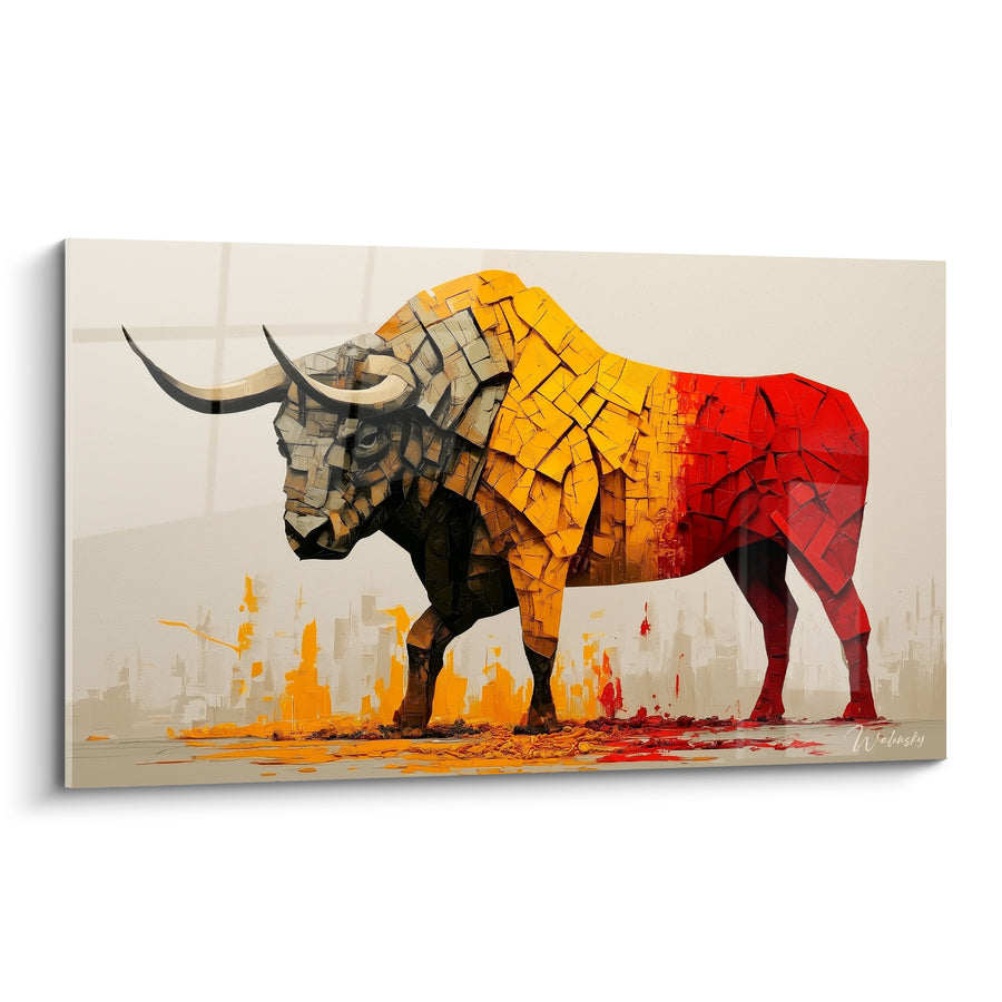 Tableau Longhorn jaune et rouge au pelage fissuré - Silhouette urbaine en arrière-plan - Edition Taureau