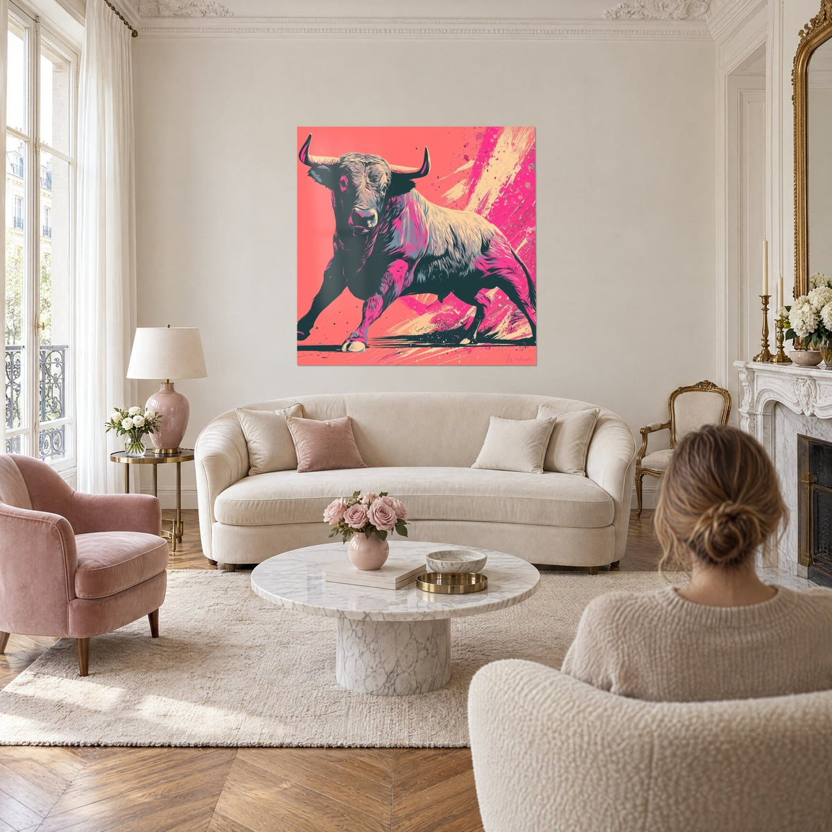 Quadro toro impennato dalle corna nere, pelo rosa e crema su fondo corallo, schizzi rosa, sopra un divano in un soggiorno luminoso