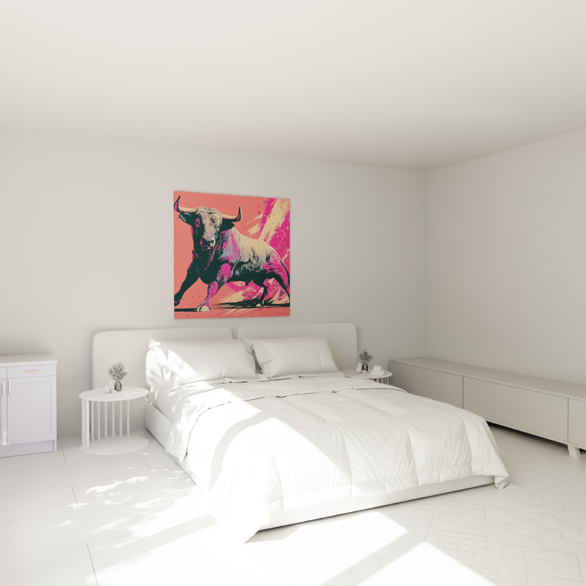 Silhouette massive du taureau rose et anthracite accrochée au-dessus d'un lit dans une chambre claire