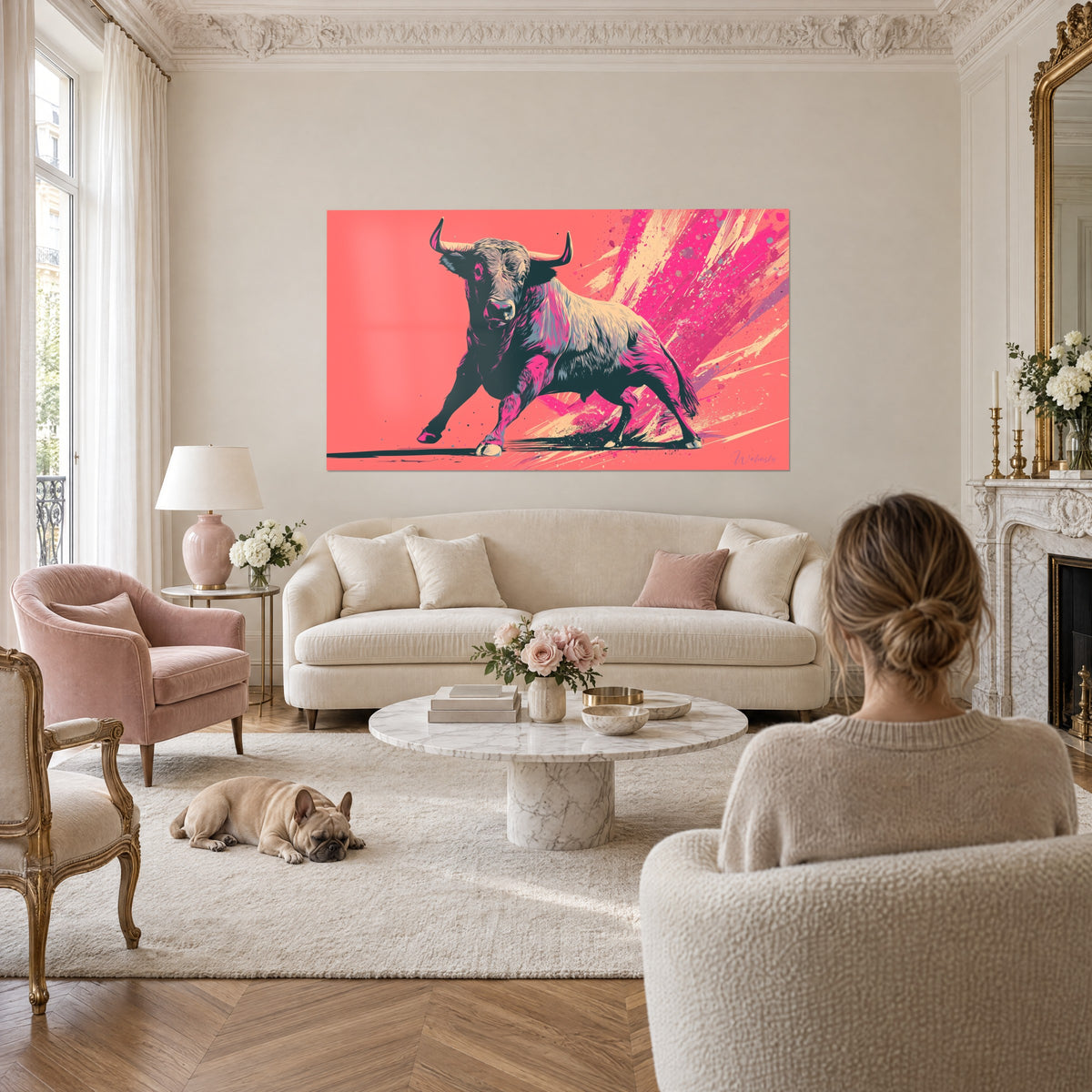 Gemälde Stier in Schwarz im Angriff auf korallenrotem Grund, rosa und cremefarbene Spritzer, graues Fell, über einem Sofa in einem hellen Wohnzimmer