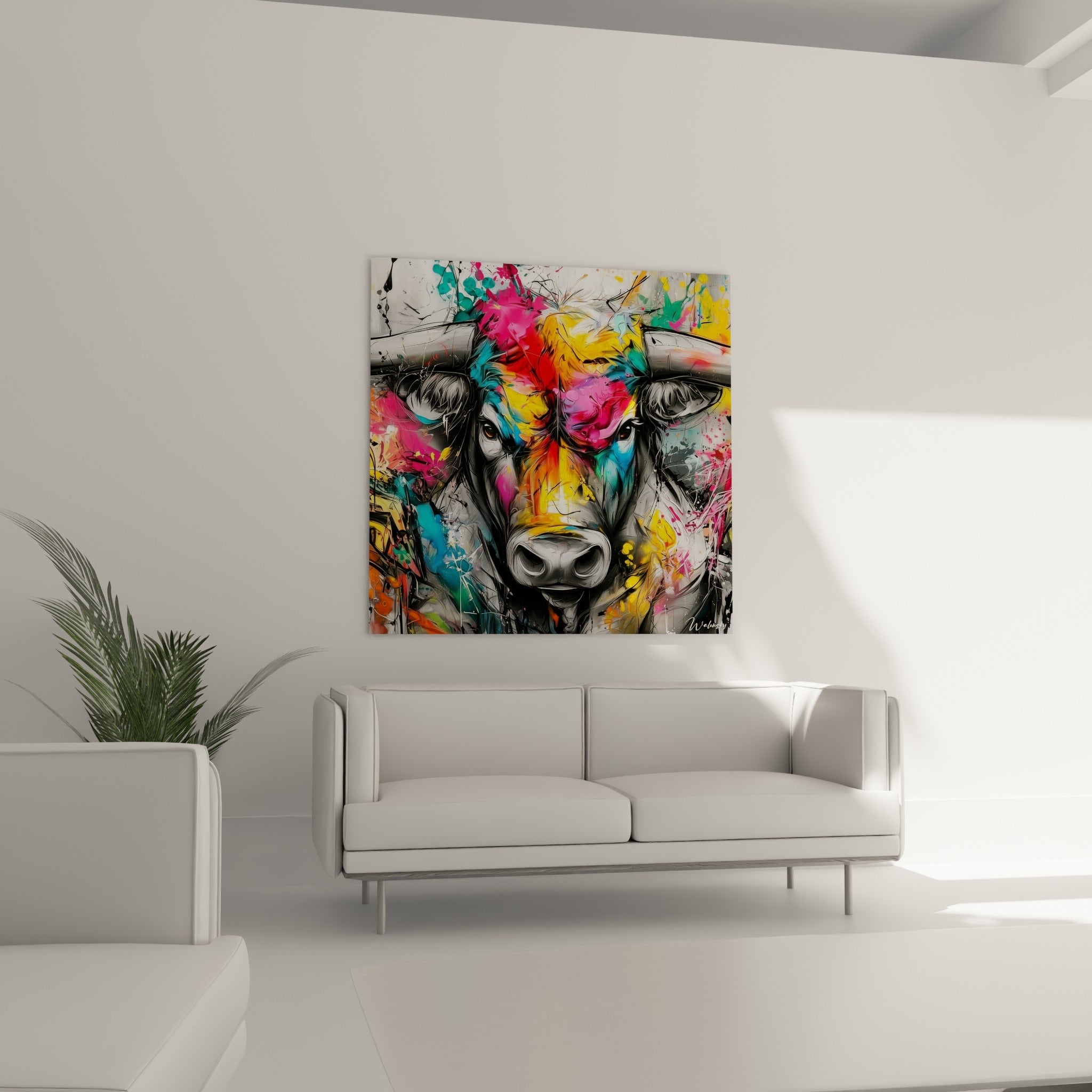 Visage puissant du taureau, éclaboussures fuchsia et dorées, au-dessus d'un canapé dans un salon lumineux