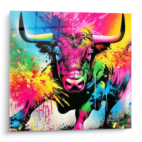 Tableau Taureau rose et vert aux éclaboussures multicolores - Museau au pelage graphique - Edition Taureau