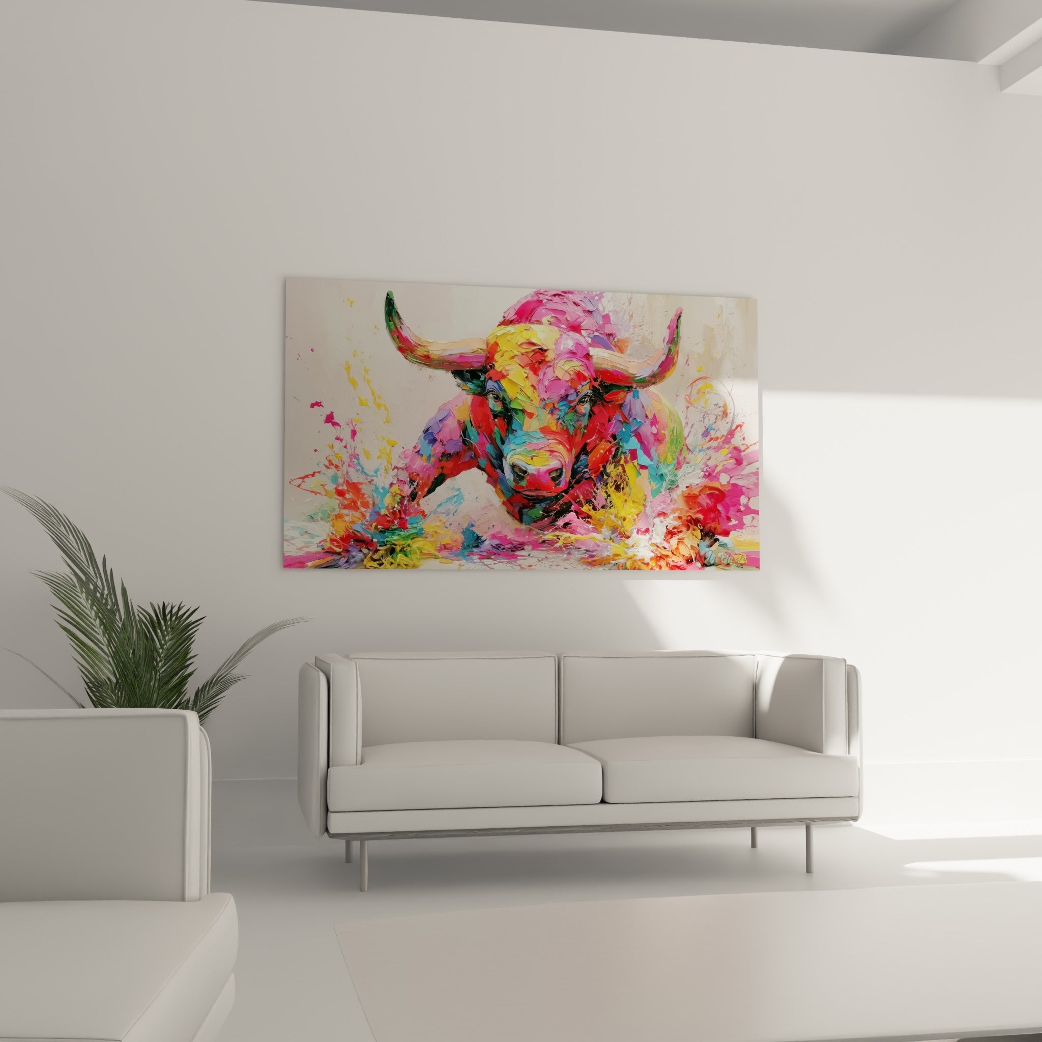 Cornes et regard intense du taureau fuchsia et violet, suspendus au-dessus d'un canapé dans un salon lumineux