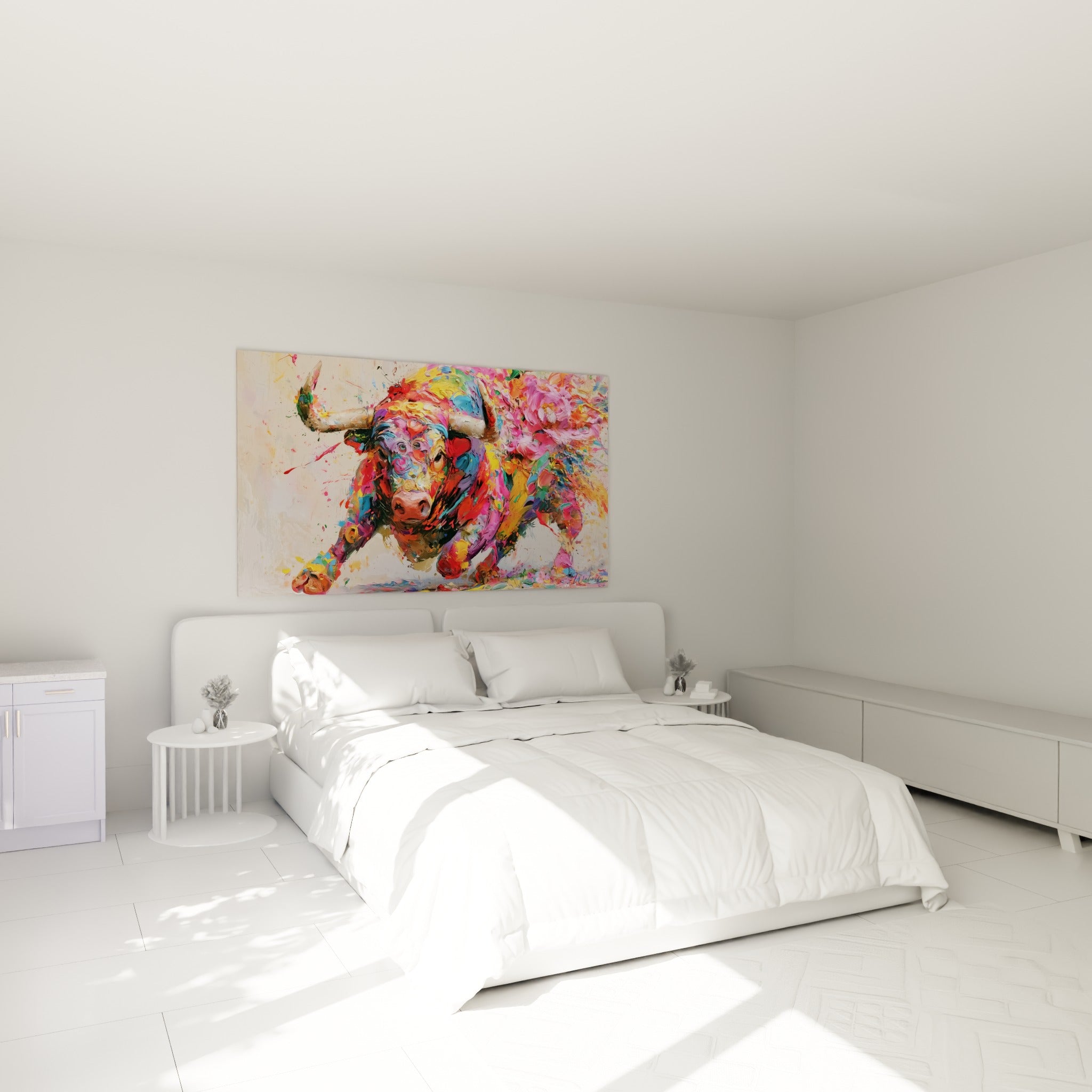 Bête cornue peinte en touches fuchsia et turquoise au-dessus d'un lit dans une chambre claire