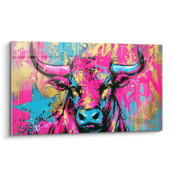 Tableau Taureau rose et turquoise à l'étoile graffée - Coulures dorées en fond - Edition Taureau