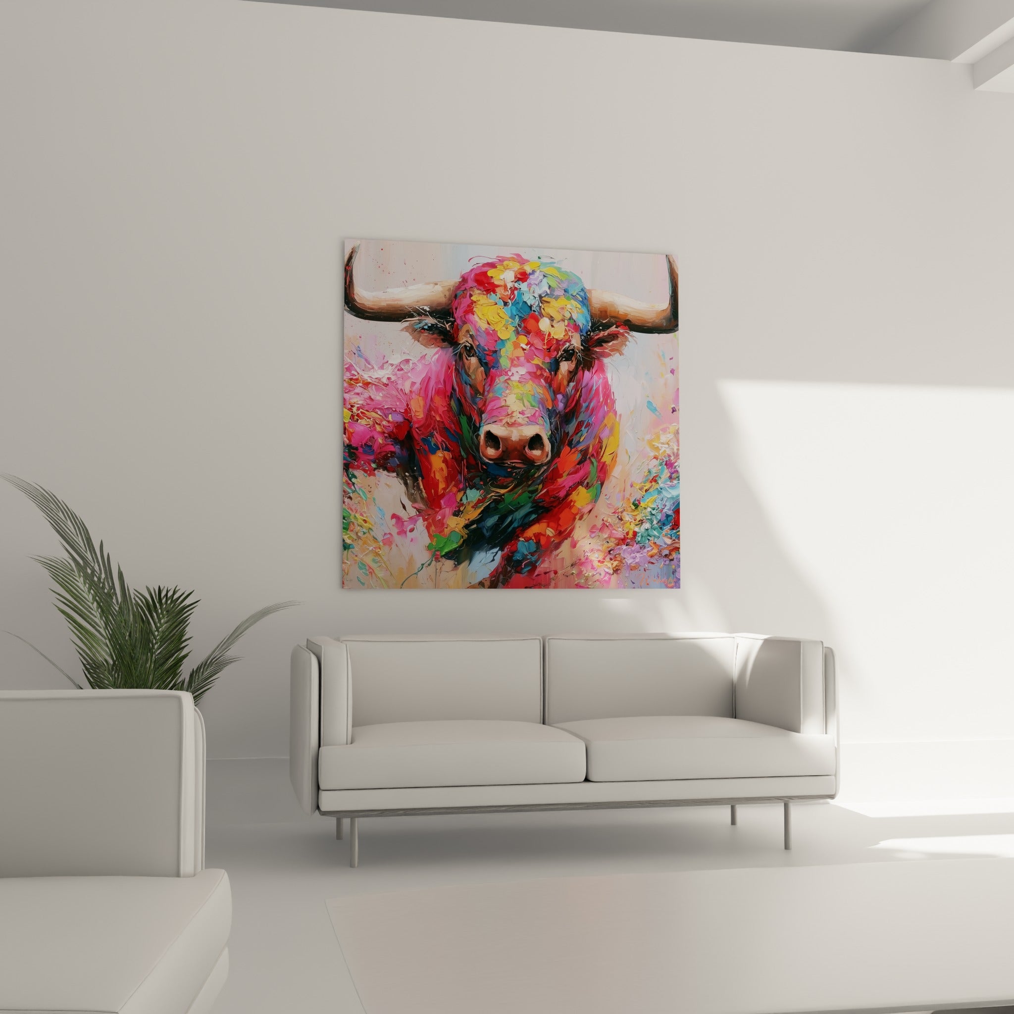Regard sombre et intense d'un taureau fuchsia et vert, accroché au-dessus d'un canapé dans un salon lumineux