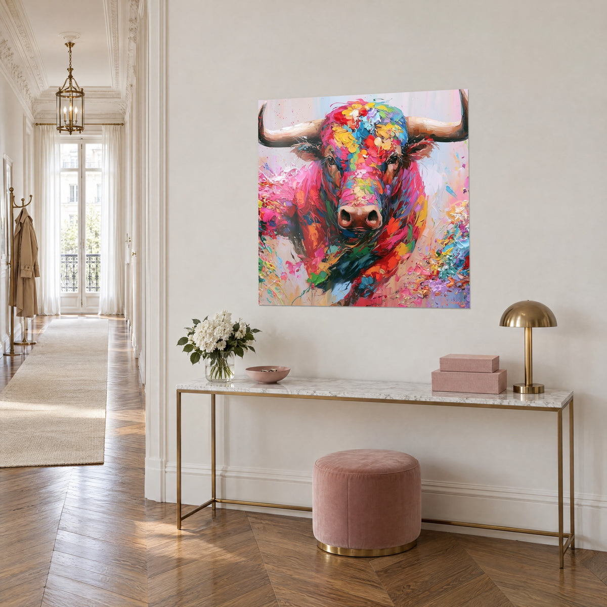 Tableau buffle coloré au museau rose balafré, éclats jaunes et bleus, vu de trois-quarts au-dessus d'une console dorée dans l'entrée