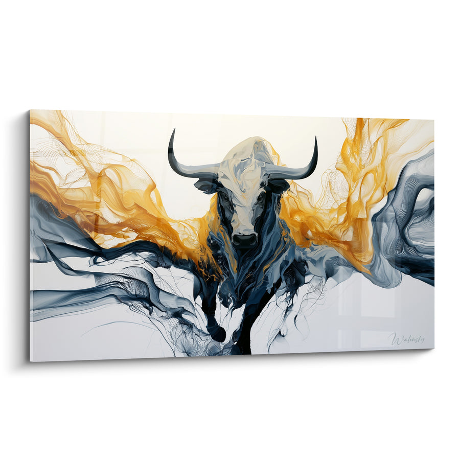 Tableau Longhorn blanc et ambre aux volutes fumées ailées - Museau ivoire lisse - Edition Taureau