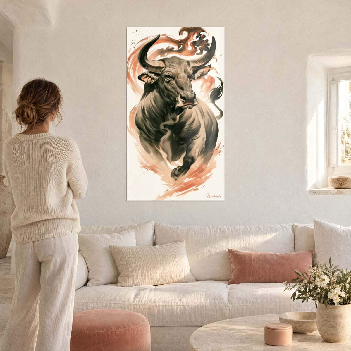 Wall art massive bull with black horns, charcoal-grey coat and coral swirls, above a sofa in a bright living room